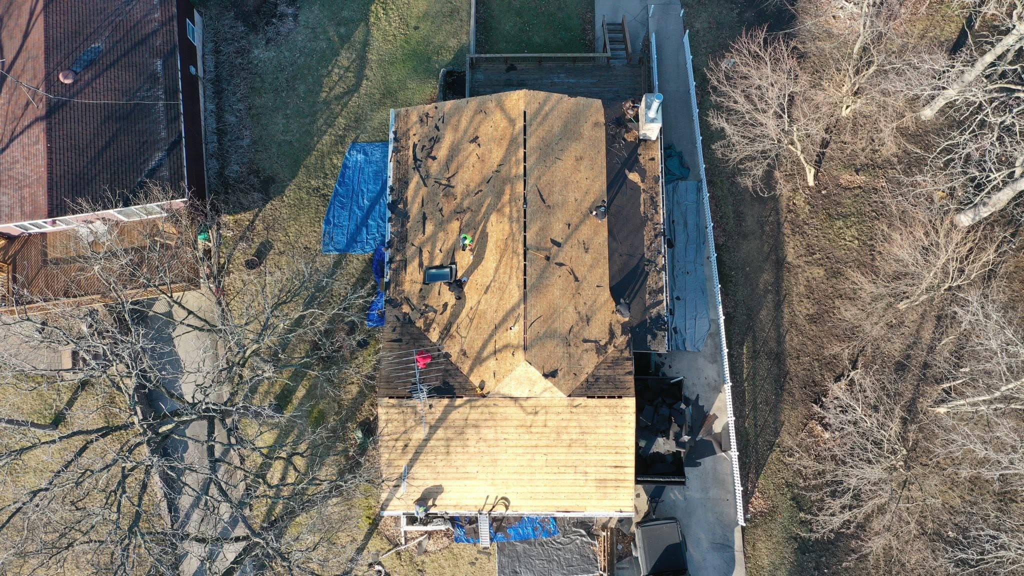 Overhead view documenting an active residential roof project