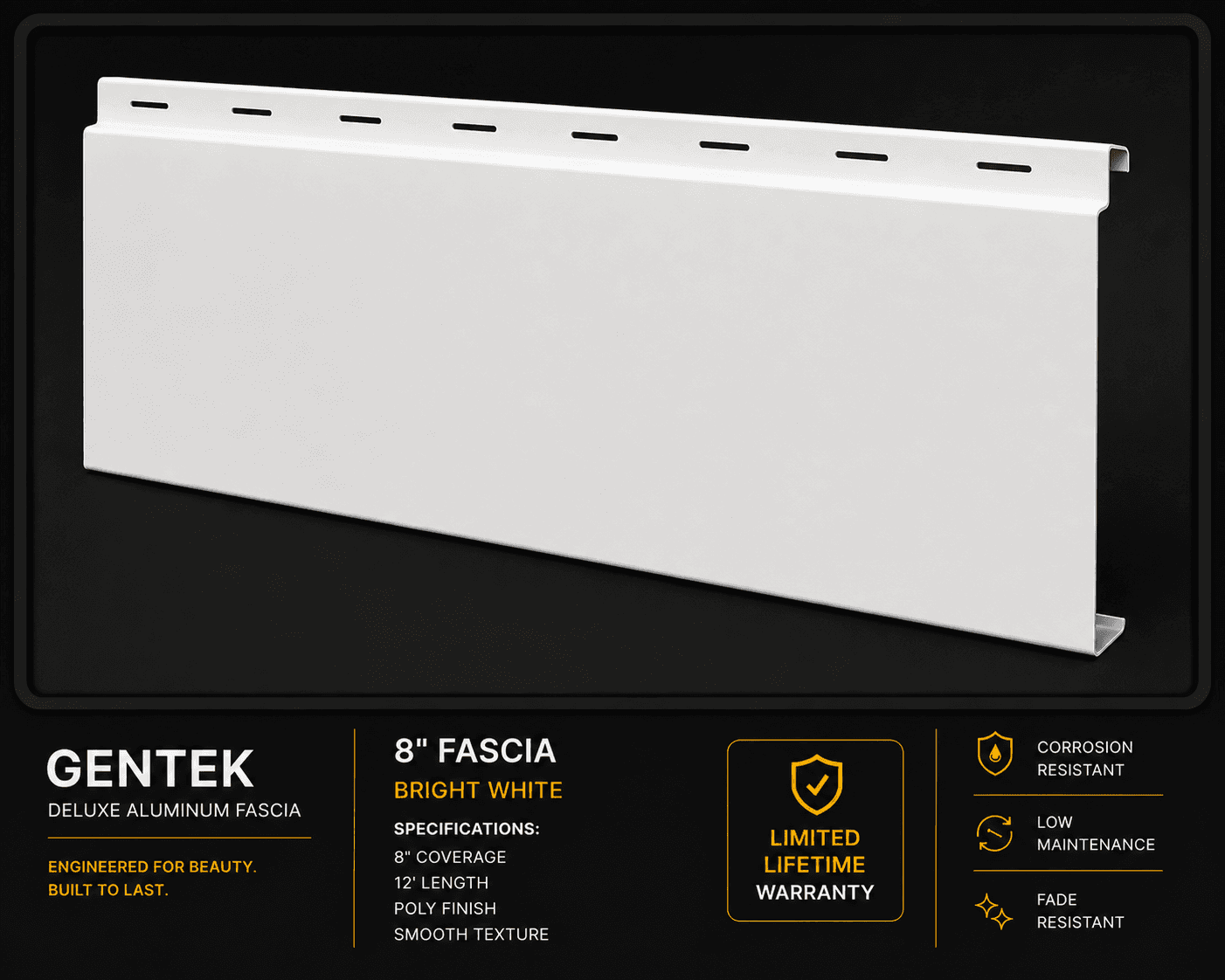 Gentek 8-inch Deluxe aluminum fascia profile in Bright White