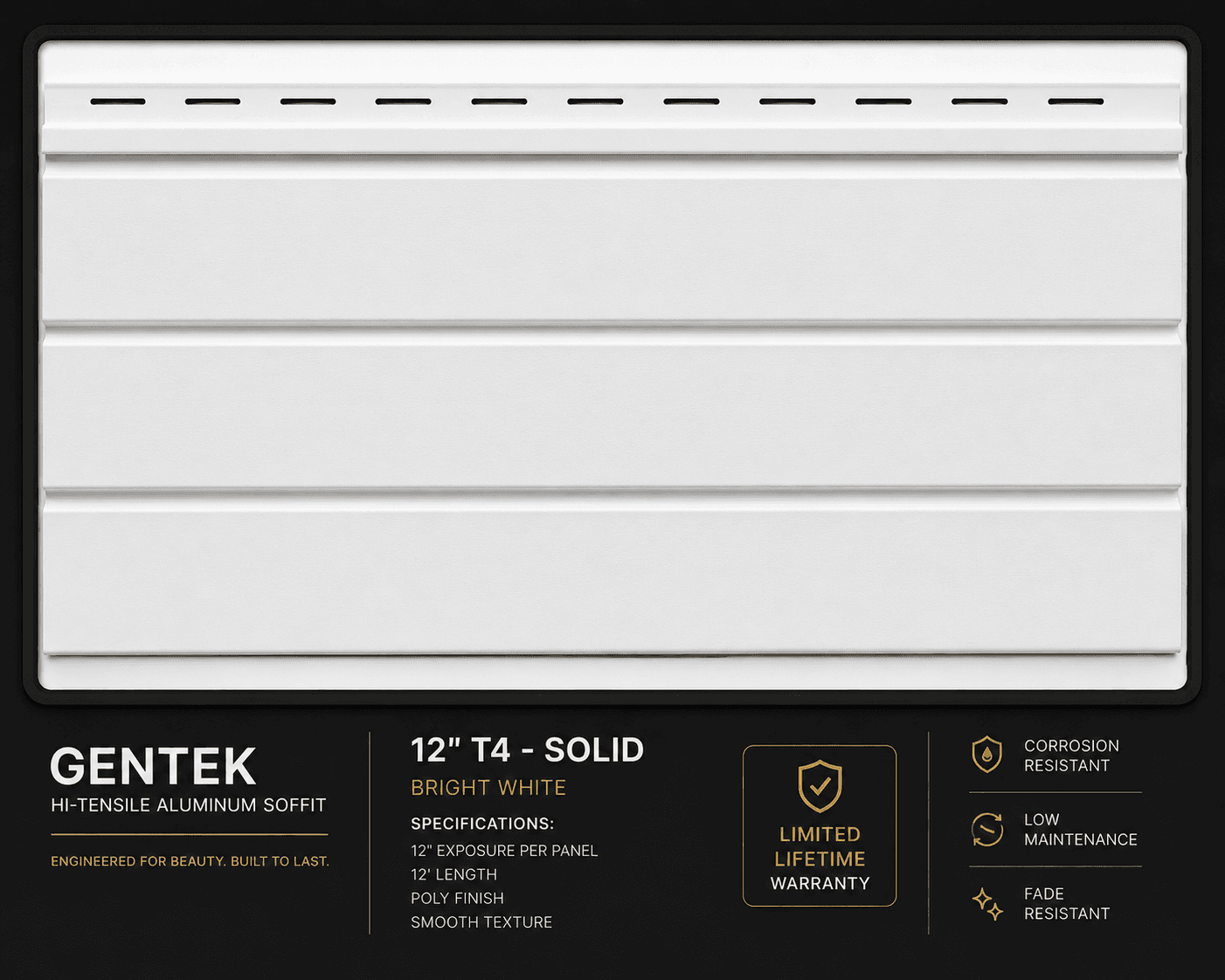 Gentek 12-inch T4 Solid aluminum soffit profile in Bright White
